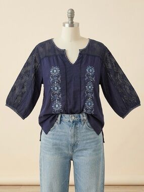 Boho Embroidered Navy Blouse Crochet Sleeve Top Cotton Artisan Festival Coastal